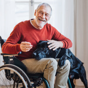 Disabled senior man doing pet therapy with a black dog